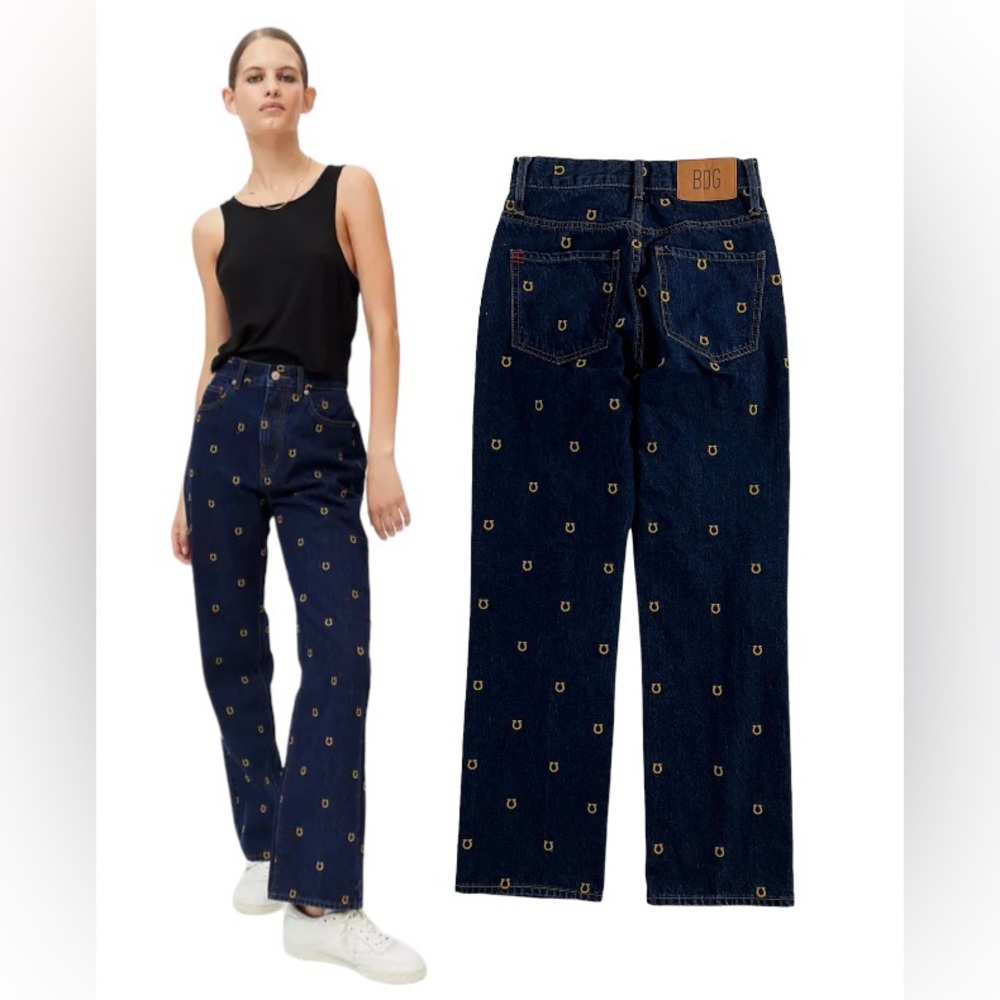 BDG Cowboy Jean High Rise Embroidered Animal Horseshoe Straight Leg Dark Wash 25